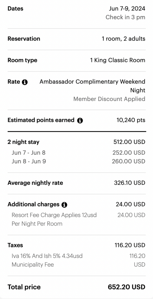 Screenshot of hotel cost